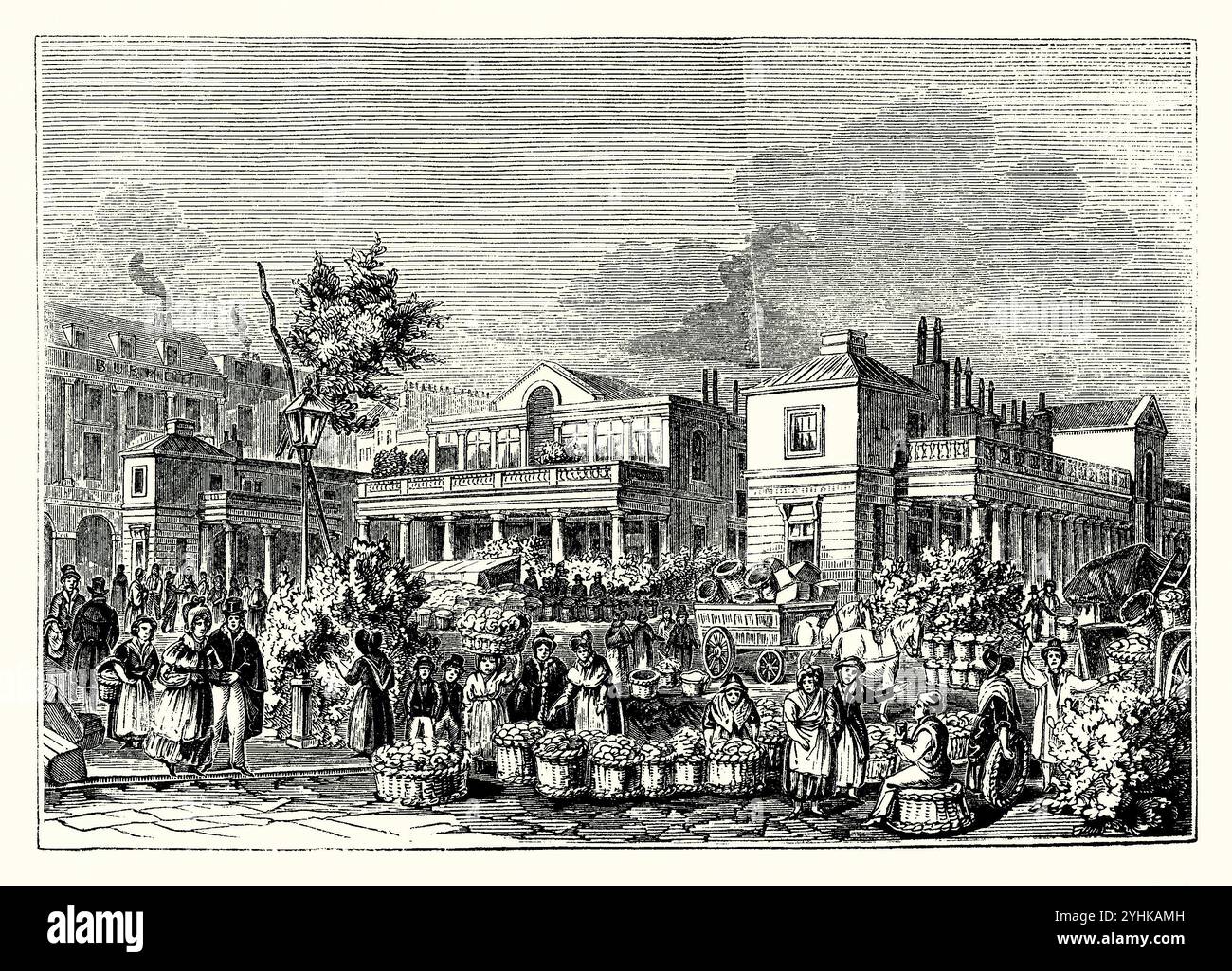 Il mercato ortofrutticolo nella piazza centrale di Covent Garden, Londra – un'antica incisione intorno al 1840. Negli anni '1600 si era sviluppato un piccolo mercato all'aperto di frutta, fiori e verdura sul lato sud di questa elegante piazza di Londra. Gradualmente, sia il mercato che l'area circostante caddero in discredito, con l'apertura di taverne, caffetterie e bordelli. Un atto del Parlamento fu approvato per gestire l'area e l'edificio neoclassico del mercato coperto di Charles Fowler fu eretto nel 1830 per aiutare a controllare il mercato. Foto Stock