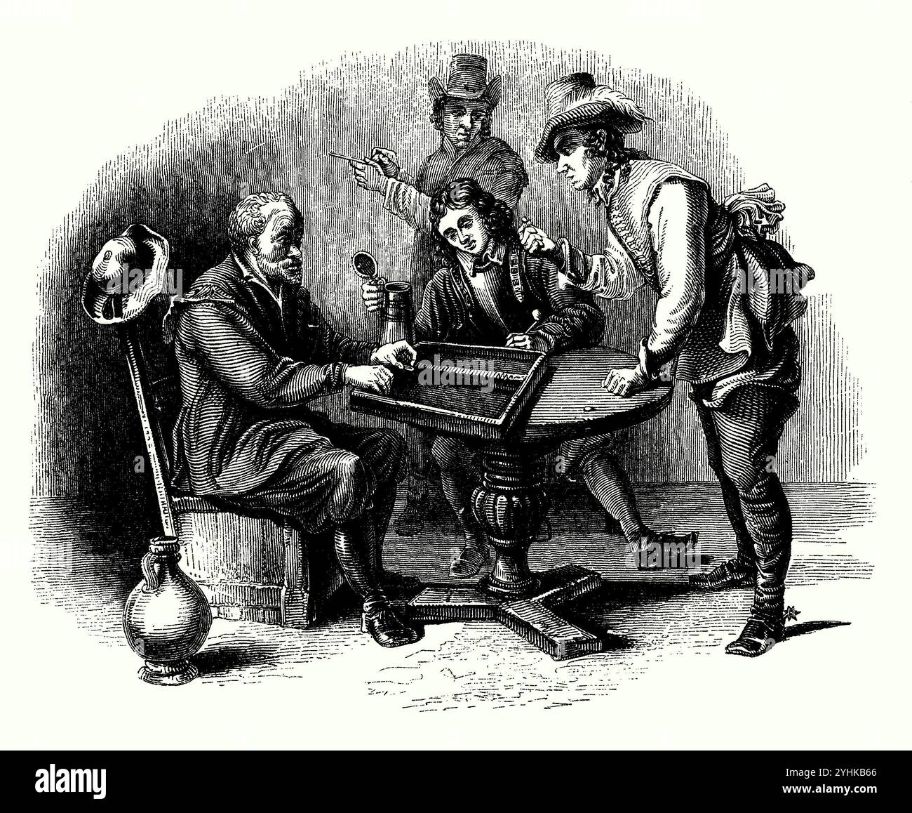 Un gioco da tavolo di tric-trac (trictrac, tric trac o backgammon) – una vecchia incisione c. 1650. Questo era un passatempo popolare tra i due giocatori nelle taverne e nelle osterie dal Medioevo in poi. Il Tric-trac fu inventato in Francia intorno al 1500. Il gioco rimase popolare in Francia fino alla metà del XIX secolo. Foto Stock