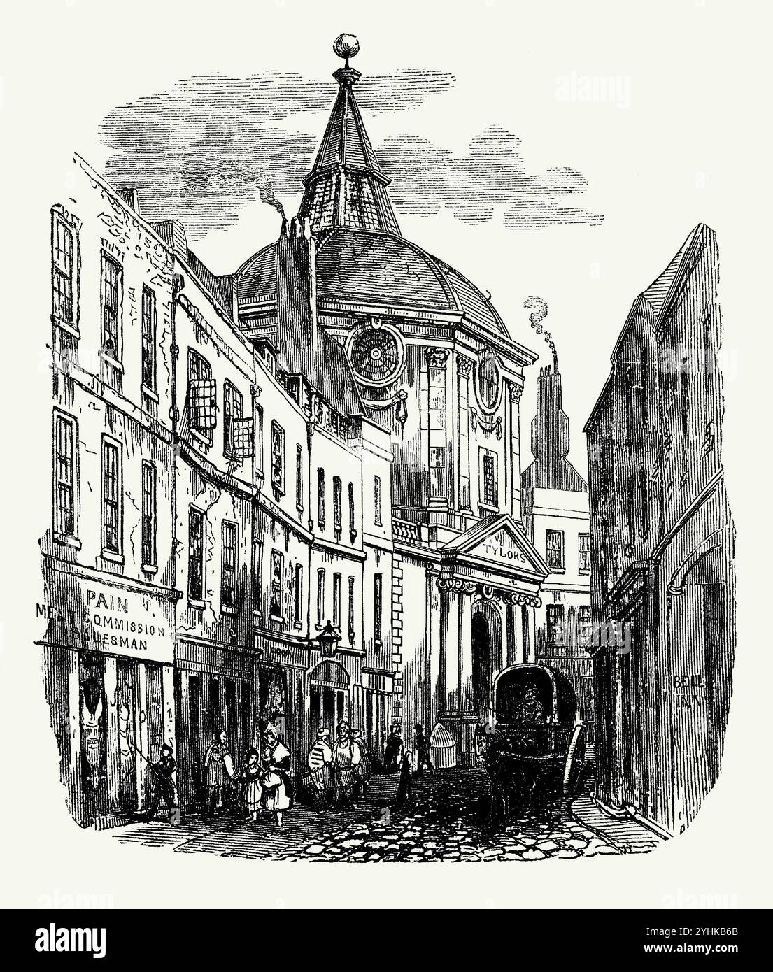 Una vecchia incisione di un affollato Warwick Lane, City of London, Inghilterra, Regno Unito c. 1840. L'edificio a cupola è il Cutlerian Theatre, un teatro di anatomia che faceva parte del Royal College of Physicians, una grande e opulenta casa aperta nel 1678. Fu progettato da Robert Hooke e demolito nel 1866. Foto Stock