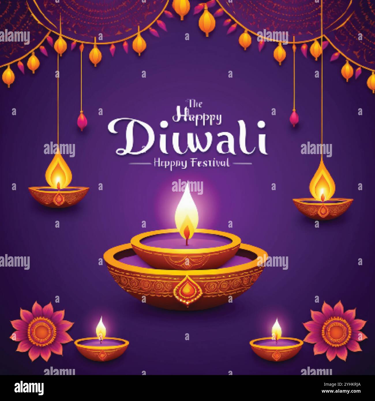 Happy Diwali, tradizionale sfondo del festival indiano con lampade brucianti e fuochi d'artificio Illustrazione Vettoriale