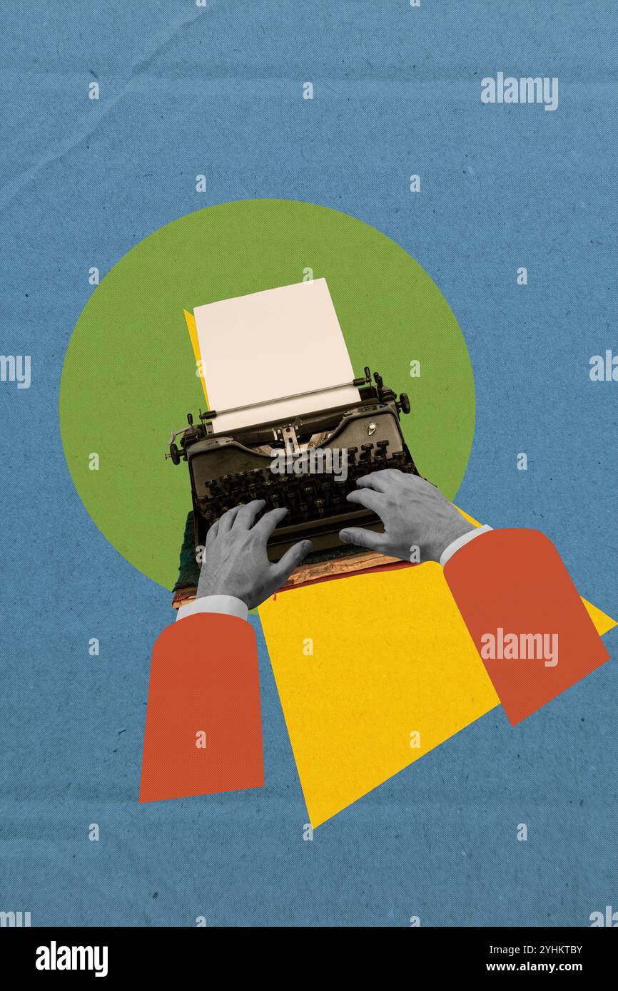 Immagine di illustrazione verticale collage grafica di mani giornalista macchina da scrivere letterpress tastiera d'epoca isolata su sfondo blu Foto Stock