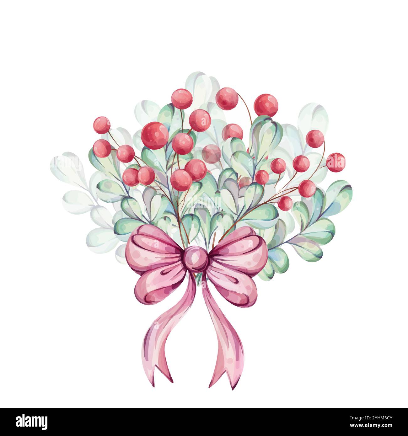 Mietitore ad acquerello con frutti di bosco rossi, elemento di design bouquet con fiocco. Romantico, adorabile. Per biglietti, inviti, banner, poster, design a stampa Illustrazione Vettoriale