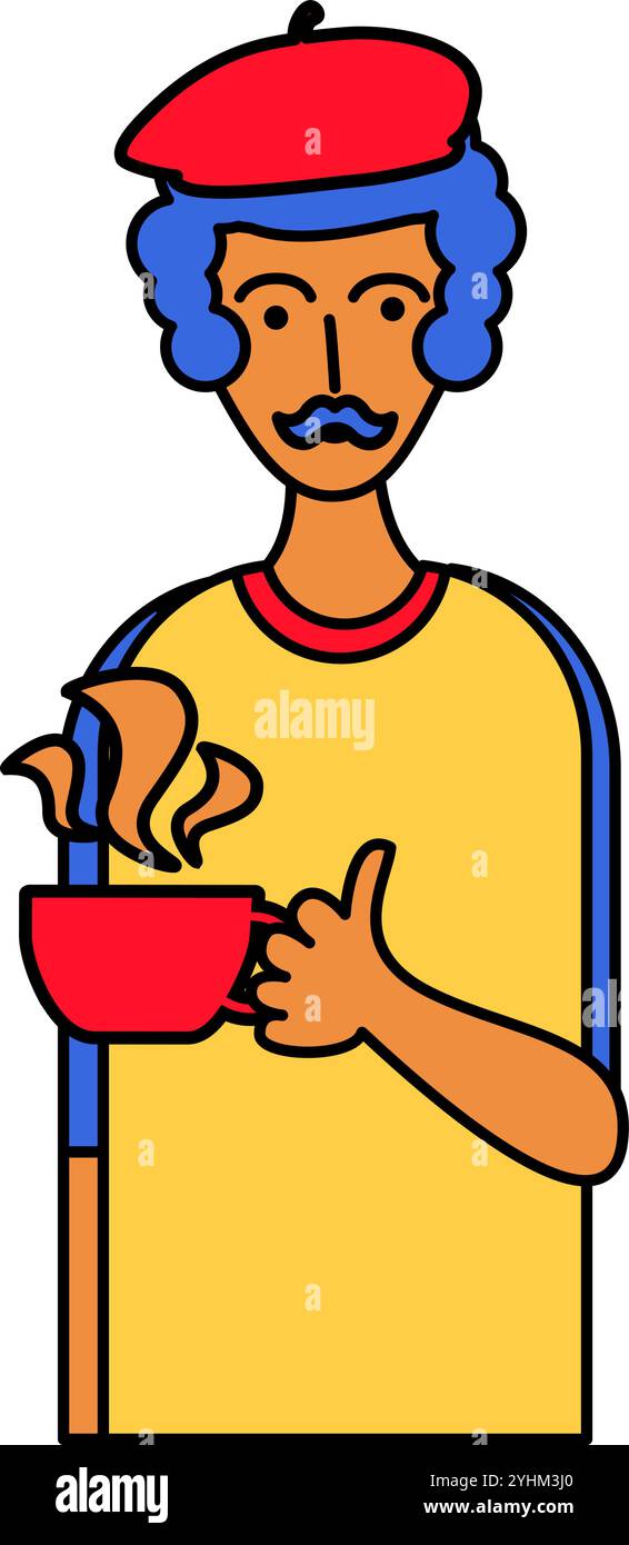Personaggio illustrativo vettoriale in un berretto con una tazza di caffè caldo in stile cartone animato. Latte o espresso, tradizioni per la preparazione del caffè, ricca cucina francese Illustrazione Vettoriale