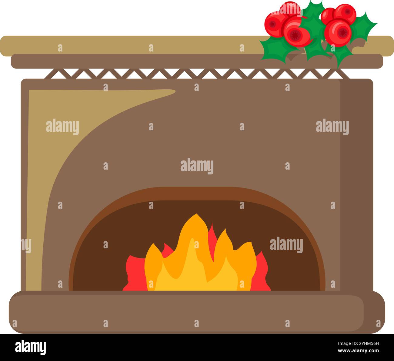 Accogliente camino di casa per le vacanze decorato con un rametto di frutti di bosco rossi con una fiamma calda e ardente. Fine settimana festivo luogo di riposo di casa per il illus vettoriale dei cartoni animati Illustrazione Vettoriale
