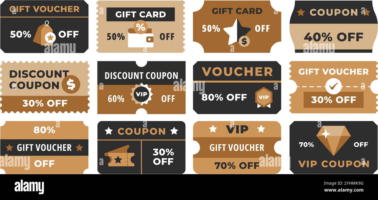 Modelli di carte regalo. Buono sconto, buono regalo e pass VIP. Layout di schede promozionali per vendite, offerte speciali e programmi a premi Illustrazione Vettoriale