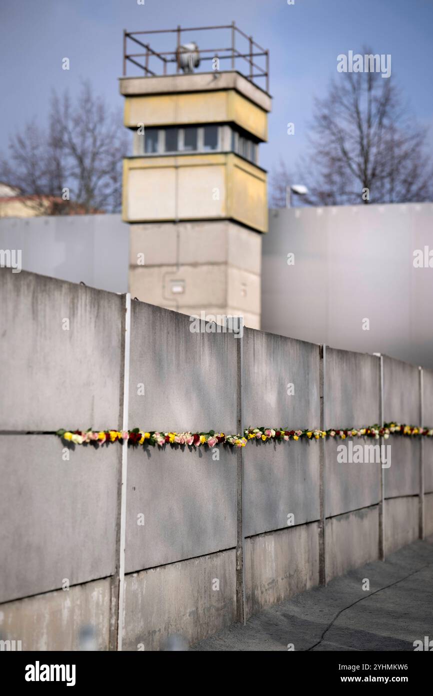 Muro di Berlino - commemorazione DEU, Deutschland, Germania, Berlino, 09.11.2024 Hinterlegte Rosen in einem Mauerspalt der Hinterlandmauer mit Wachturm bei einer Zeremonie mit Kerzen zum Gedenken an die Maueropfer in der Gedenkstaette Berliner Mauer in der Bernauer Straße im Rahmen der Feierlichkeiten zum 35. Jahrestag vom Mauerfall alle 9:00. Novembre 1989 a Berlino Germania . Die Mauer 1961 von der ehemaligen ostdeutschen Regierung errichtet, fiel waehrend einer friedlichen Revolution AM 9. Novembre 1989 und ebnete den Weg für die Wiedervereinigung der beiden deutschen Staaten. Die Mauer verhinderte Foto Stock