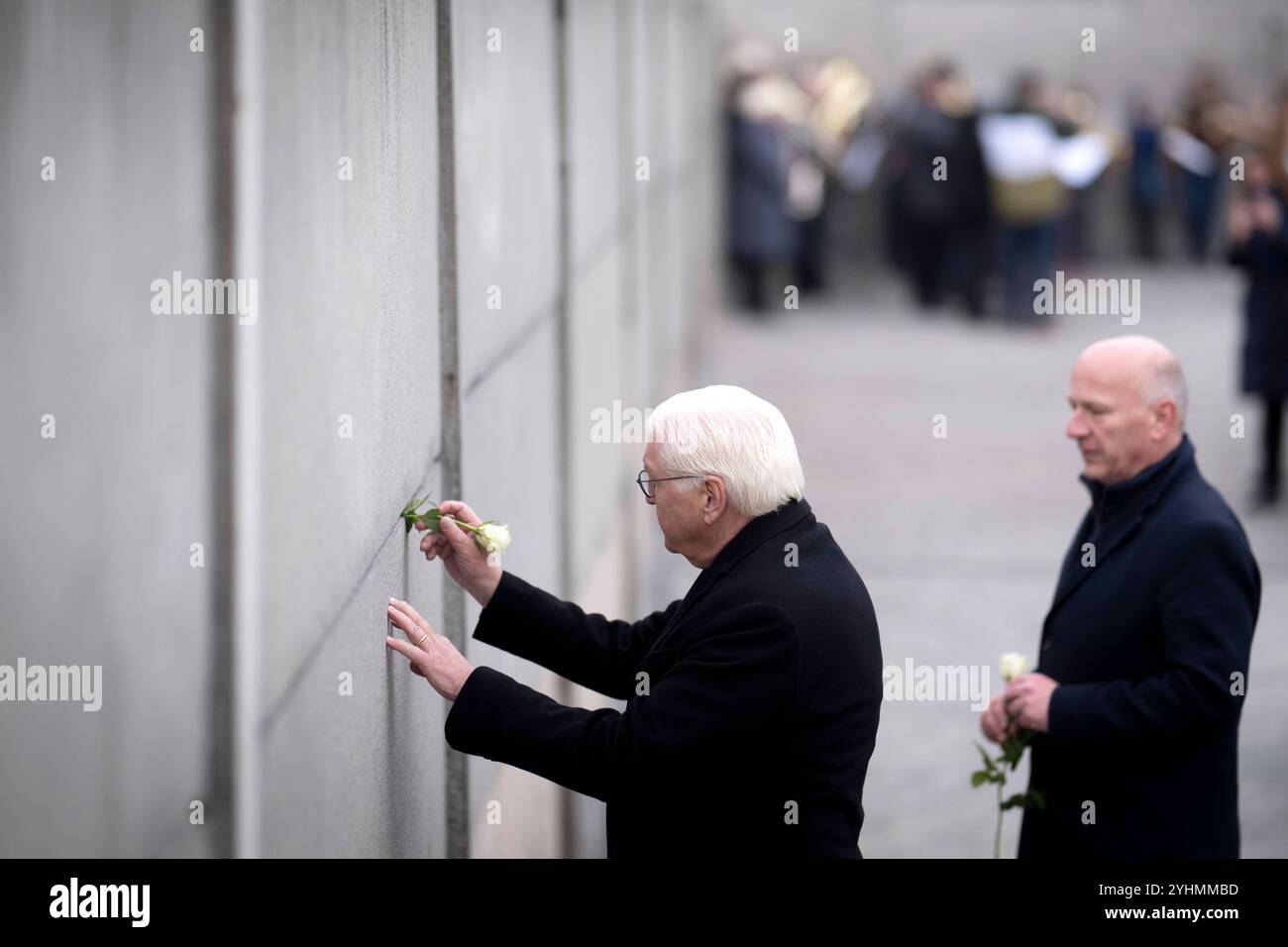 Steinmeier, Wegner, muro di Berlino - commemorazione DEU, Deutschland, Germania, Berlino, 09.11.2024 Bundespraesident Frank-Walter Steinmeier und Kai Wegner , Regierender Buergermeister von Berlin CDU rechts beim Hinterlegen einer weisser Rose in einem Mauerspalt bei einer Zeremonie mit Kerzen zum Gedenken an Straße 35 Jahrestag vom Mauerfall alle 9:00. Novembre 1989 a Berlino Germania . Die Mauer 1961 von der ehemaligen ostdeutschen Regierung errichtet, fiel waehrend einer friedlichen Revolution AM 9. Foto Stock