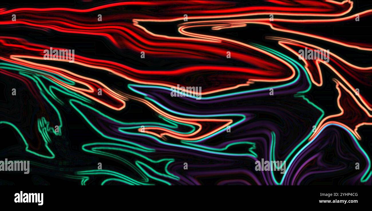 Linee al neon colorate. Illustrazione colorata con forme fluide e sinuose, effetto neon ed elementi sfocati Foto Stock