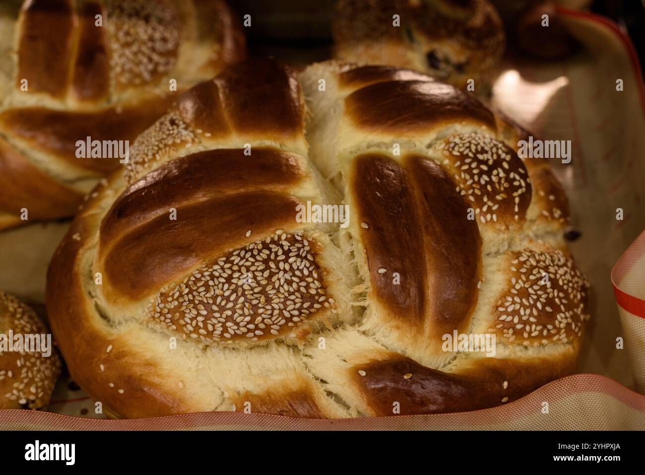 Pagnotta per le feste ebraiche, rotonda e intrecciata, appena sfornata e ricoperta di semi di sesamo. Foto Stock