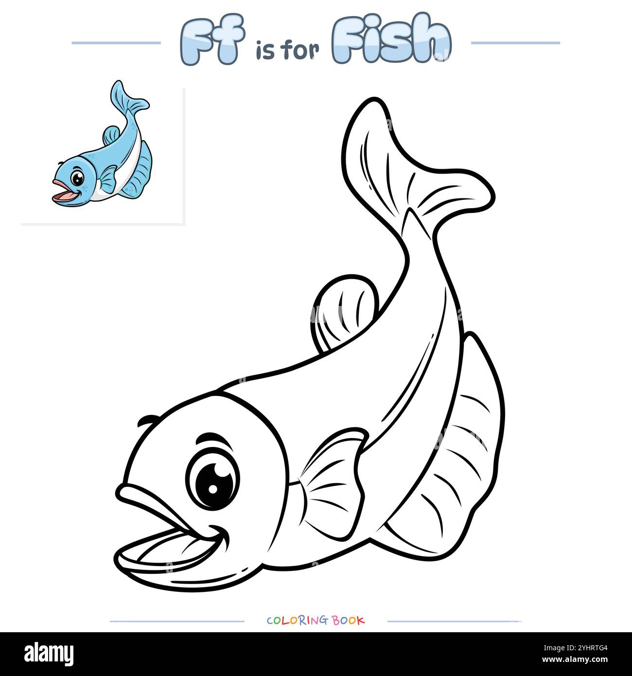 Pagina da colorare e cartoni animati di pesce dell'alfabeto Illustrazione Vettoriale