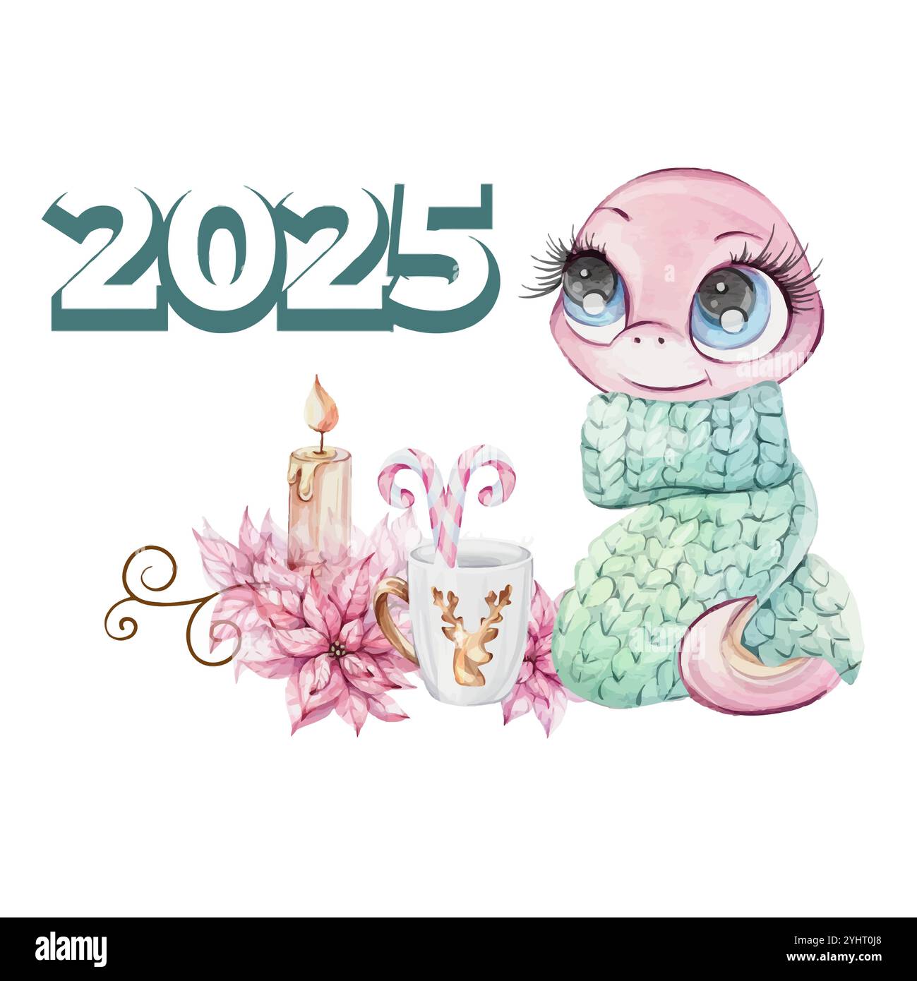 Serpente rosa in maglione verde con tazza e candela, canna da zucchero e poiscentia rossa in stile acquerello. Cartolina cartoni animati con il simbolo hugge di Chines Illustrazione Vettoriale