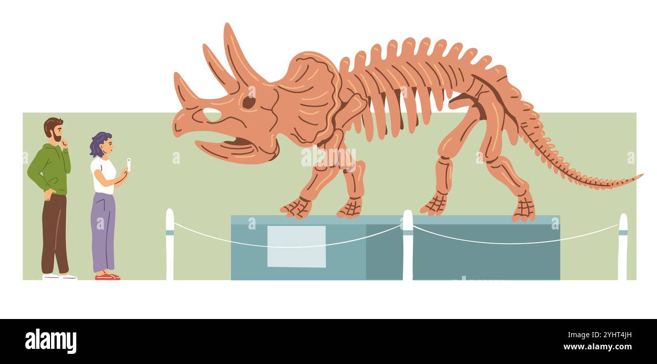 Museo di Paleontologia. Scheletro di Triceratops con corna. Le persone sono visitatori, turisti. Grande lucertola preistorica. Ossa di dinosauro giurassico. Vettore piatto Illustrazione Vettoriale