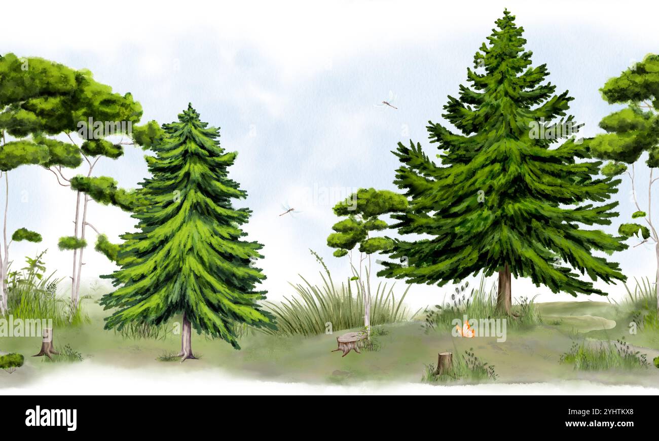 Soffici abeti e pini sottili su un bordo orizzontale senza cuciture. Illustrazione digitale acquerello. La farfalla vola sopra un ceppo. Prati verdi isolati o Foto Stock