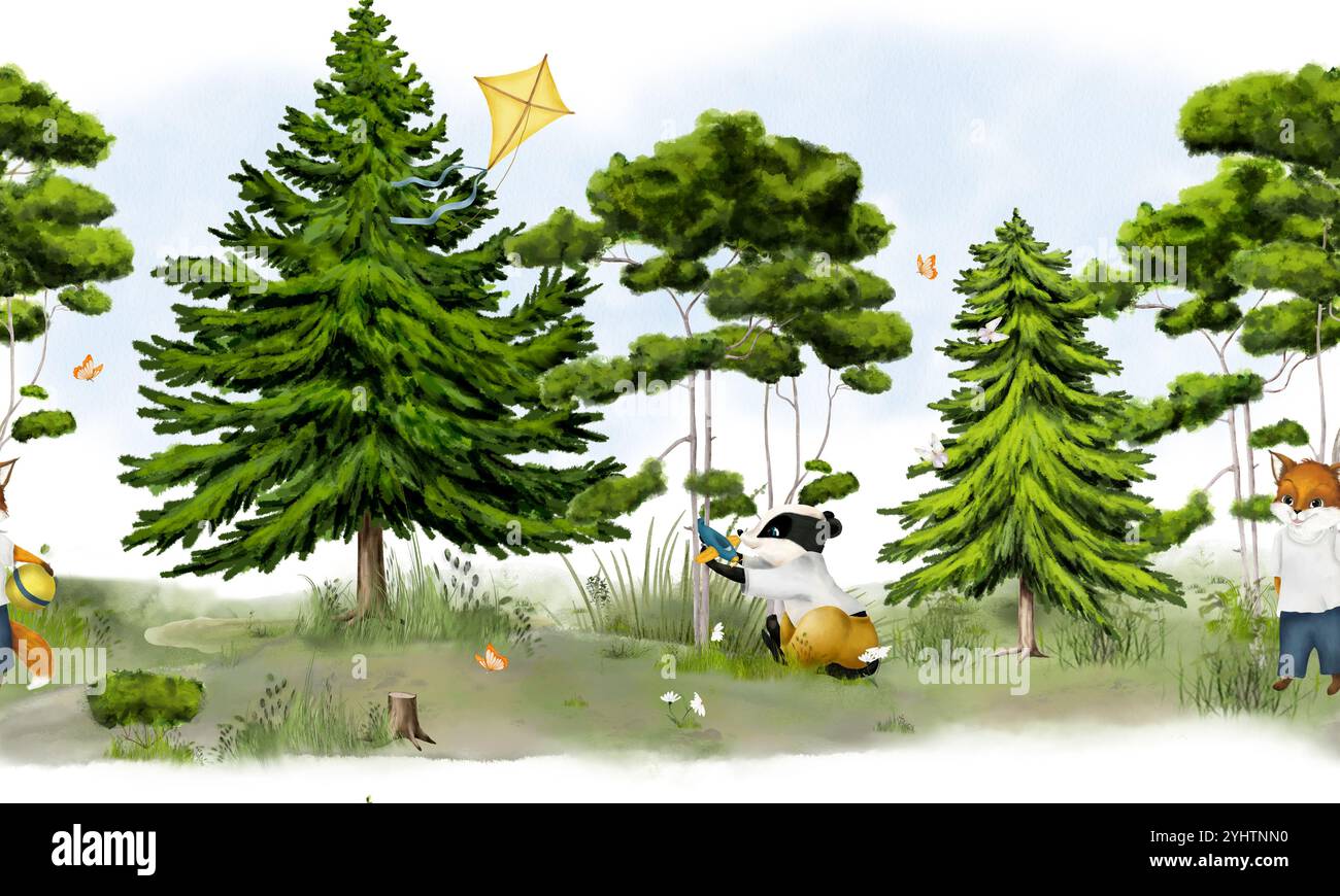 Un piccolo tasso con un aereo sotto l'albero. Illustrazione digitale acquerello. Il cucciolo di volpe dorme sotto l'albero. Pini e abeti isolati su ba bianca Foto Stock