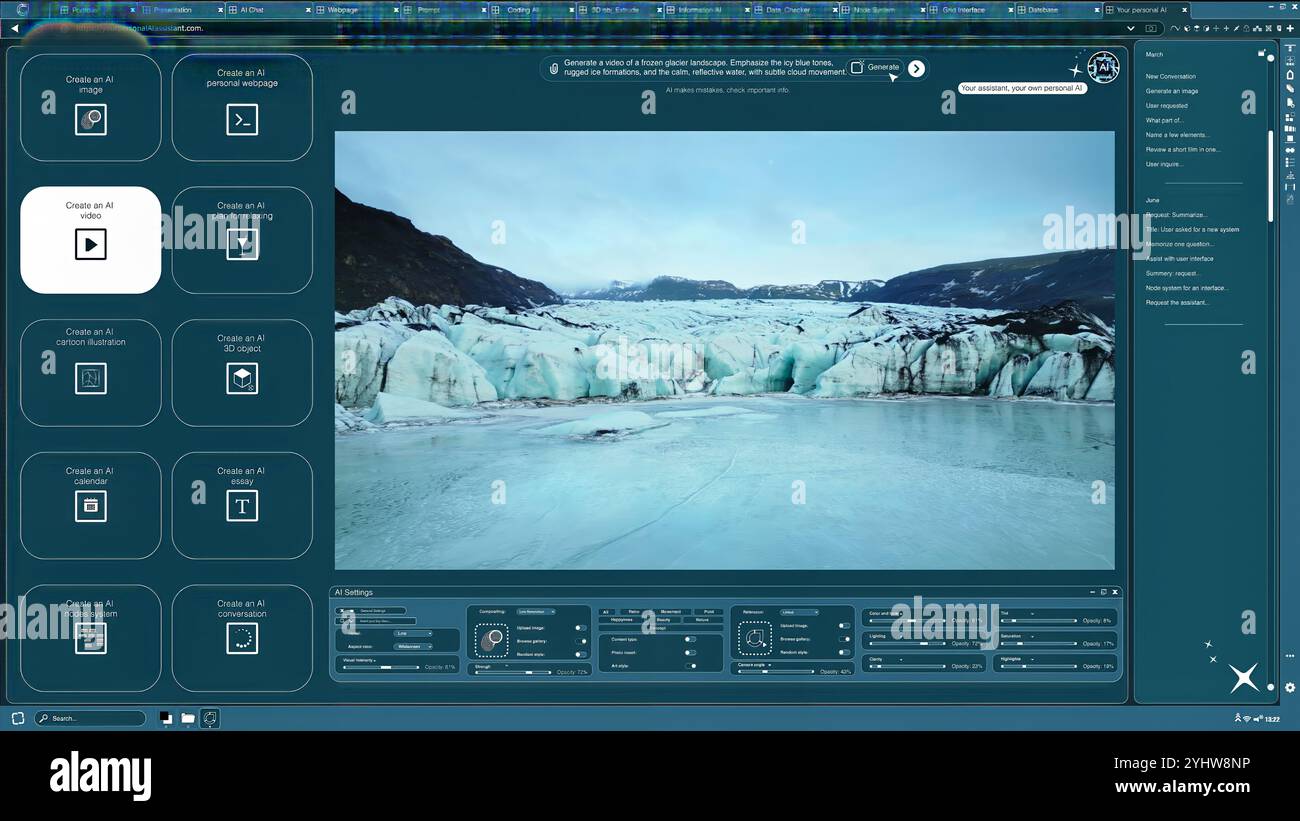 Software DI INTELLIGENZA ARTIFICIALE che trasforma i messaggi di testo in video del paesaggio ghiacciato per progetti multimediali. Generatore di intelligenza artificiale da testo a video che trasforma le parole in clip di formazioni di ghiaccio naturali Foto Stock