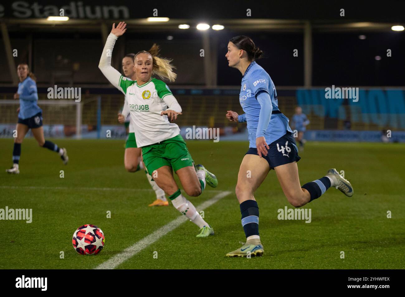 Joie Stadium, Manchester martedì 12 novembre 2024. Lily Murphy #46 del Manchester City W.F.C.attraversa la palla durante la partita del gruppo D della UEFA Champions League tra Manchester City e Hammarby al Joie Stadium di Manchester martedì 12 novembre 2024. (Foto: Mike Morese | mi News) crediti: MI News & Sport /Alamy Live News Foto Stock