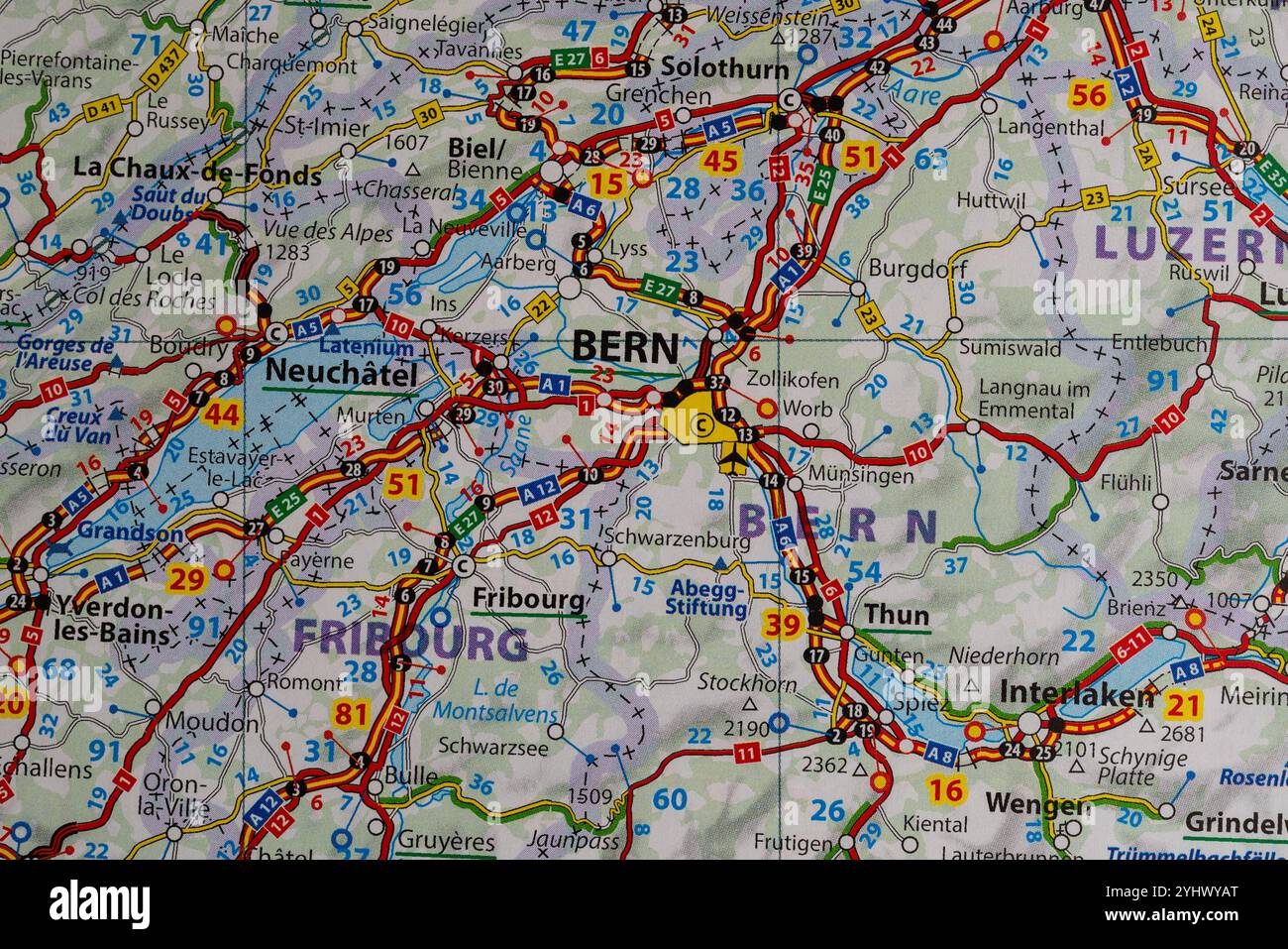 Cartina autostradale che mostra Berna, Svizzera e dintorni. Berna è la capitale svizzera. Foto Stock