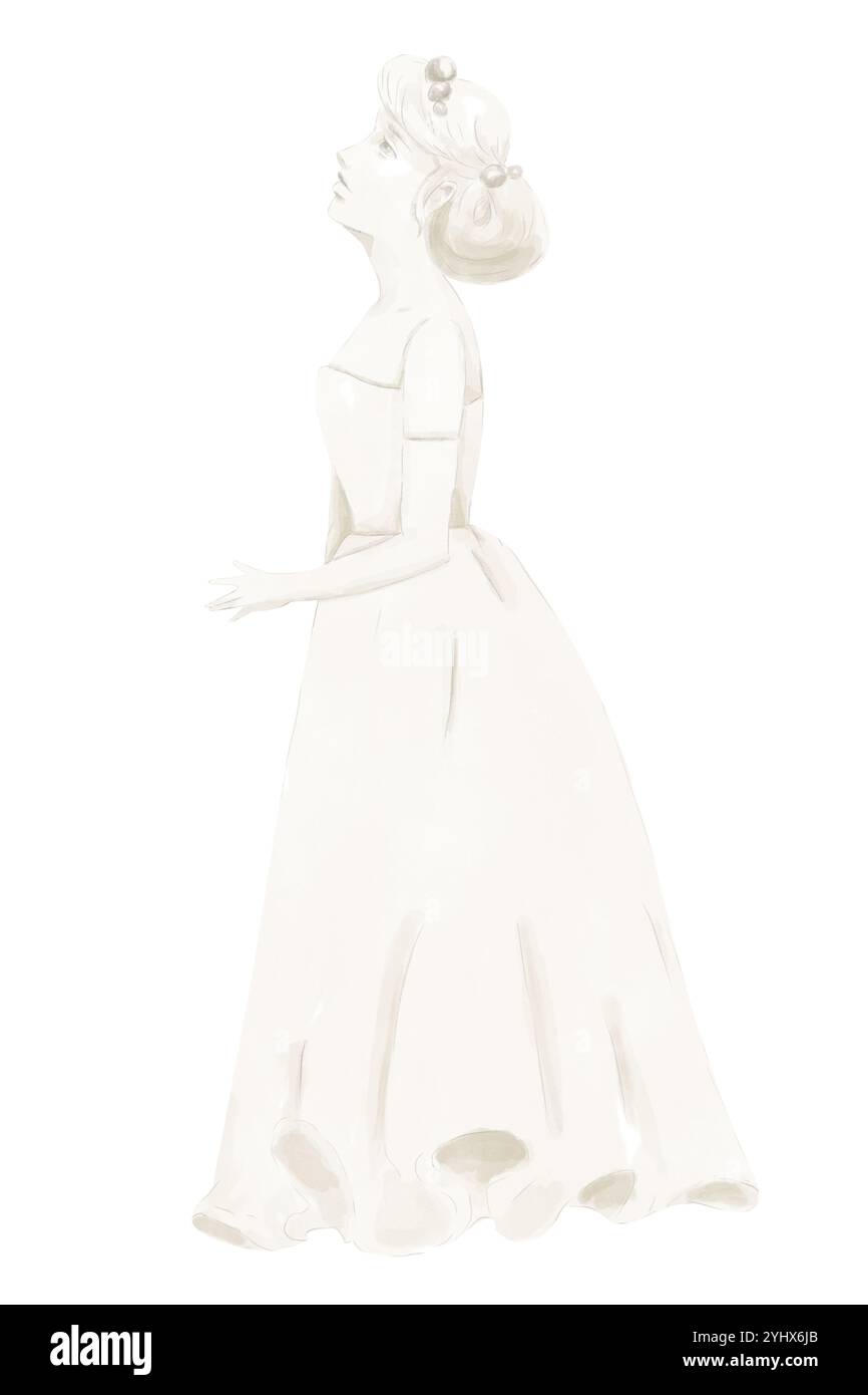 Statua della sposa monocromatica in abito lungo con corsetto, torta nuziale in figurina, illustrazione digitale acquerello, Clipart pittorico per stampa e Web, poster Foto Stock