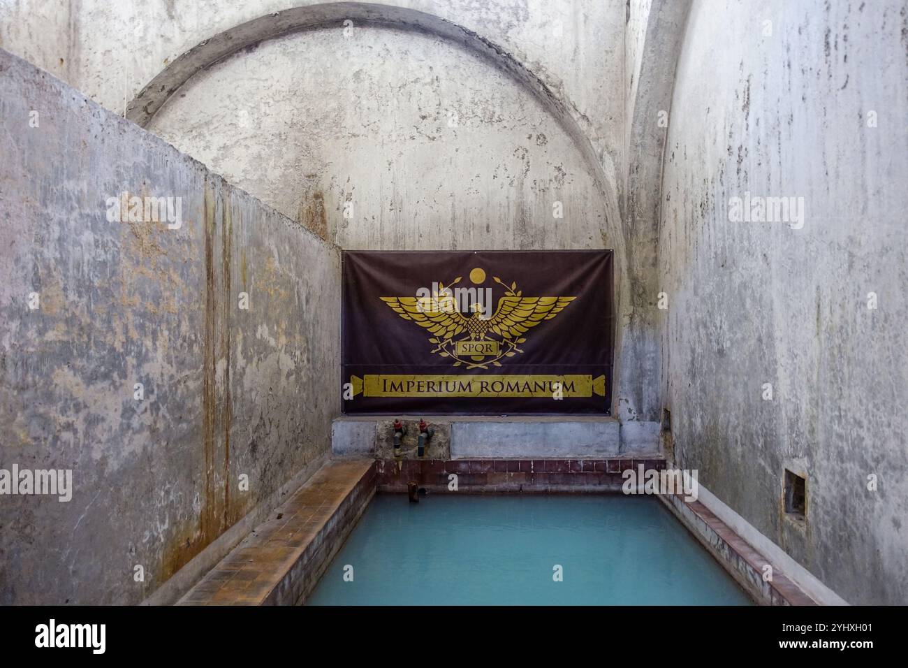 Antico bagno romano a Baile Herculane con pareti in pietra e soffitto ad arco con uno striscione con un emblema di aquila e testo latino vicino a una piccola piscina Foto Stock