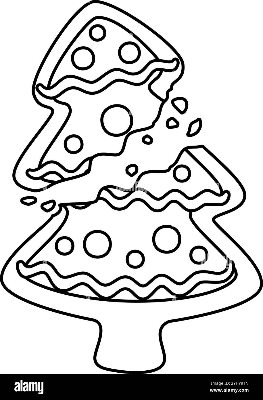 Spezzato il pan di zenzero all'albero di Natale in stile doodle. Cottura isolata in bianco e nero disegnata a mano. Pagina da colorare arte terapia, line art dolce natalizio. Illustrazione vettoriale Illustrazione Vettoriale