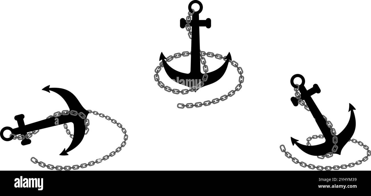 ancoraggio e catena avvolti intorno all'illustrazione vettoriale impostata isolata su sfondo bianco. Illustrazione Vettoriale