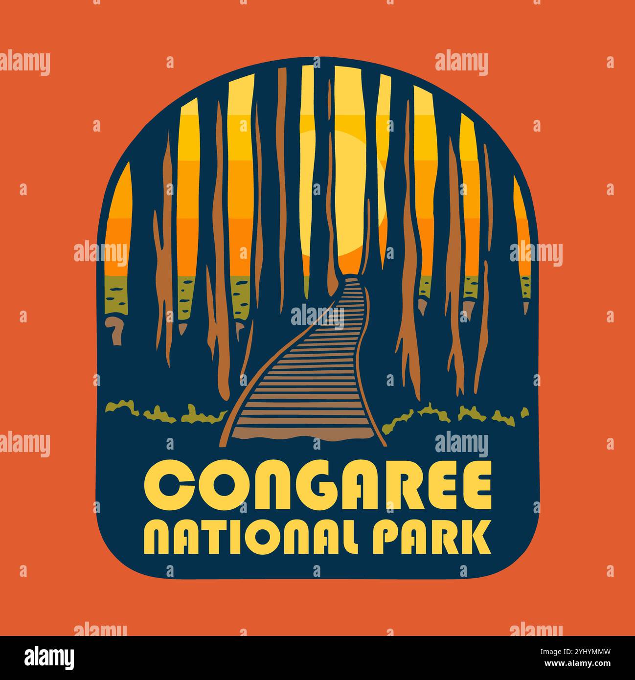 Illustrazione grafica vettoriale DEL TRAMONTO SUL PARCO NAZIONALE DI CONGAREE per il merchandising di design dell'abbigliamento, come i loghi sulla confezione del prodotto Foto Stock