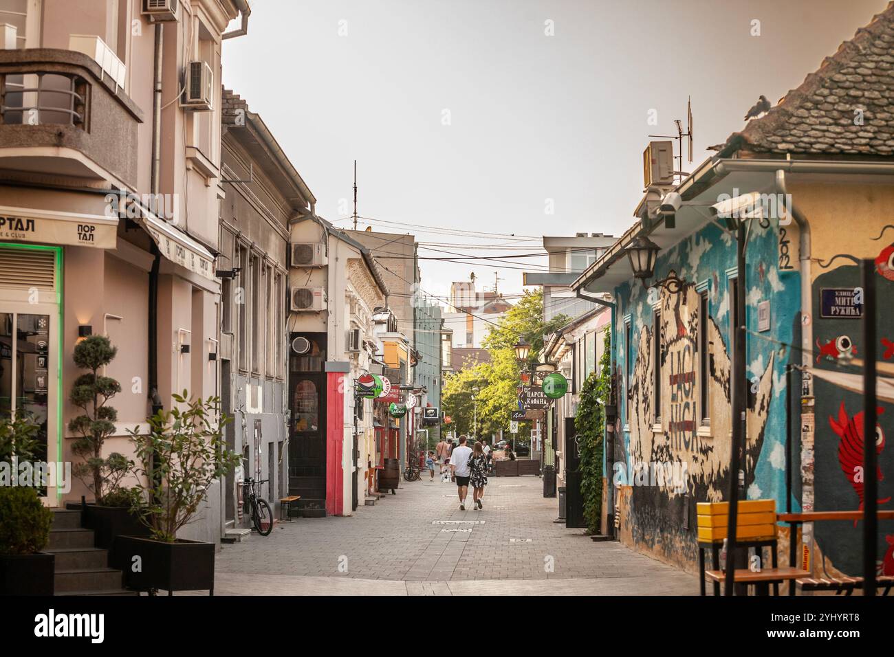 BELGRADO, SERBIA - 8 SETTEMBRE 2024: Laze Teleckog Street, conosciuta come strada del partito nel centro di Novi Sad, Serbia. La strada è fiancheggiata da bar e ristoranti Foto Stock
