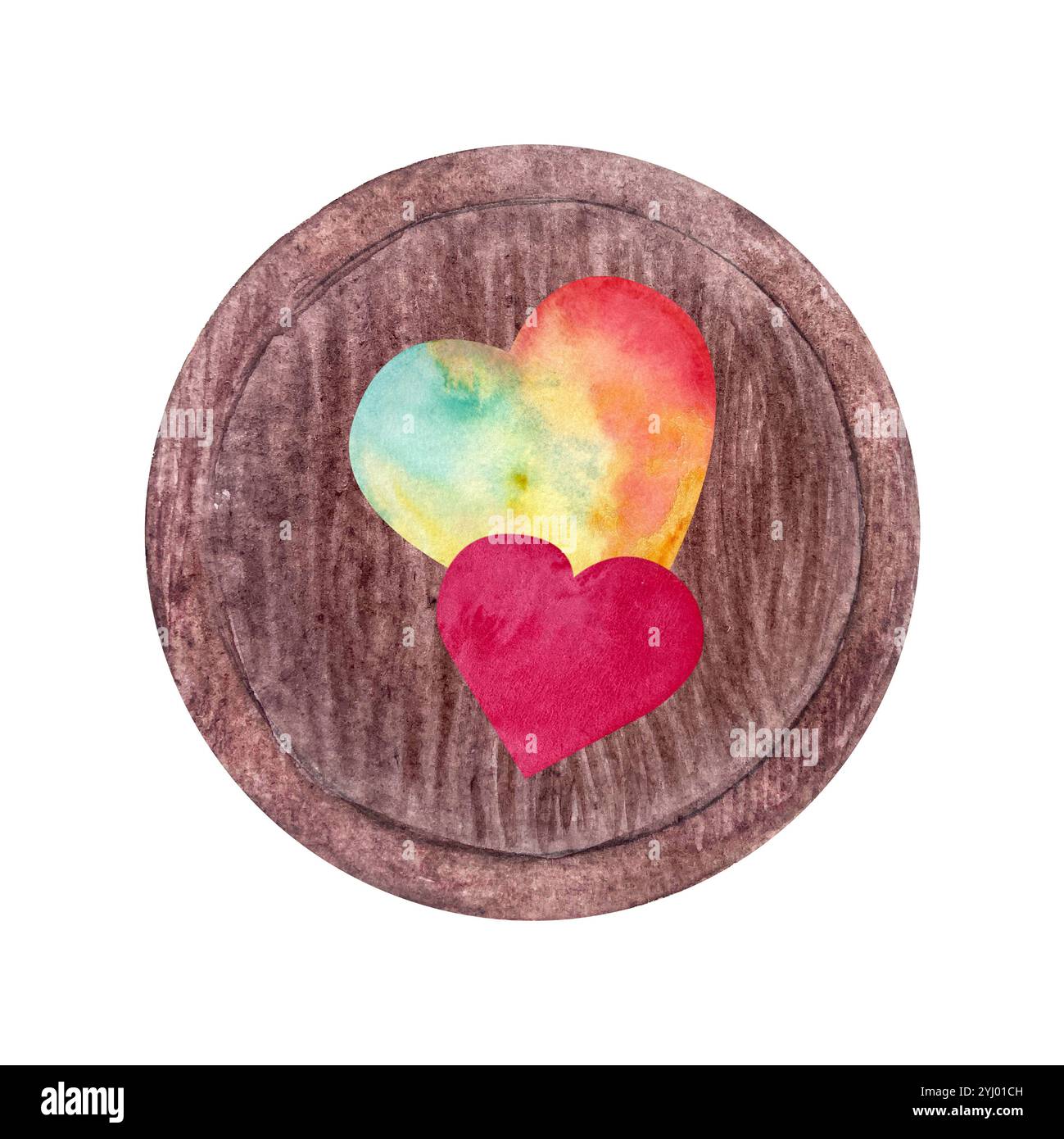 Due cuori colorati più grandi e più piccoli su un vassoio di legno isolato sul bianco. Illustrazione ad acquerello dipinta a mano. Perfetto giorno di San Valentino, per amore Foto Stock