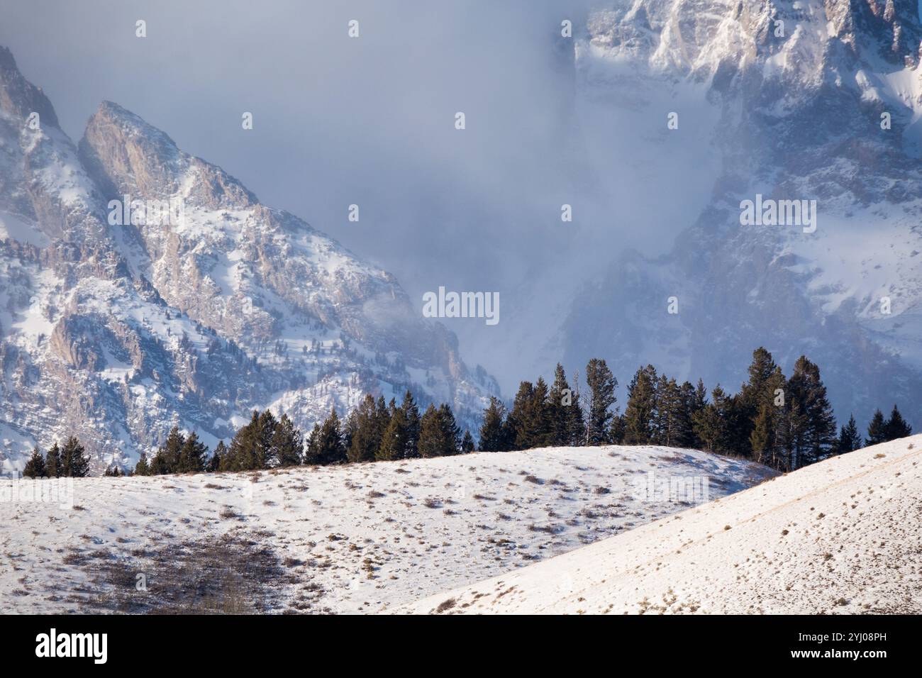 Le Teton Peaks sono avvolte dalla nebbia causata da una tempesta invernale nel Grand Teton National Park, Wyoming. Foto Stock