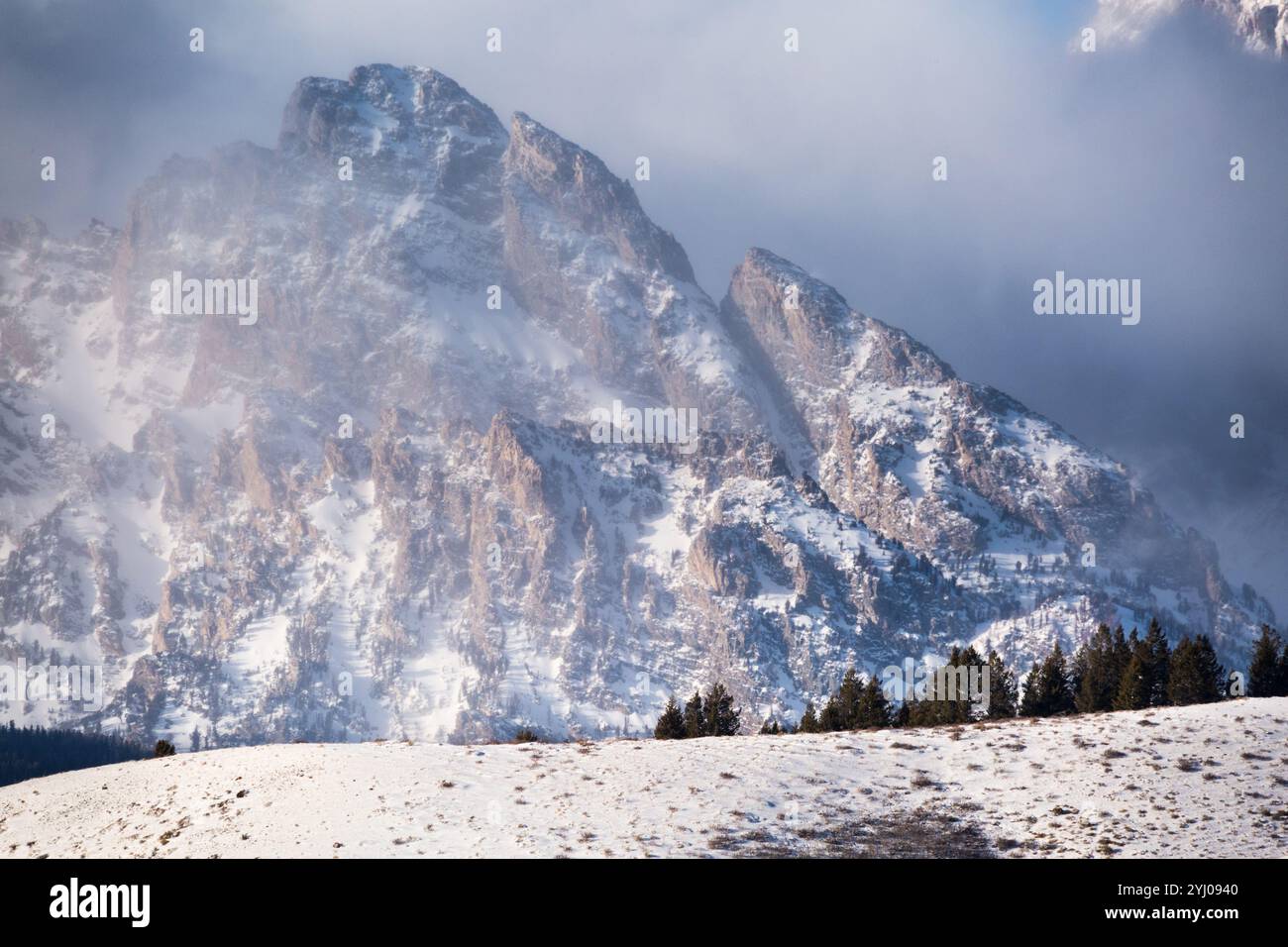 Le Teton Peaks sono avvolte dalla nebbia causata da una tempesta invernale nel Grand Teton National Park, Wyoming. Foto Stock