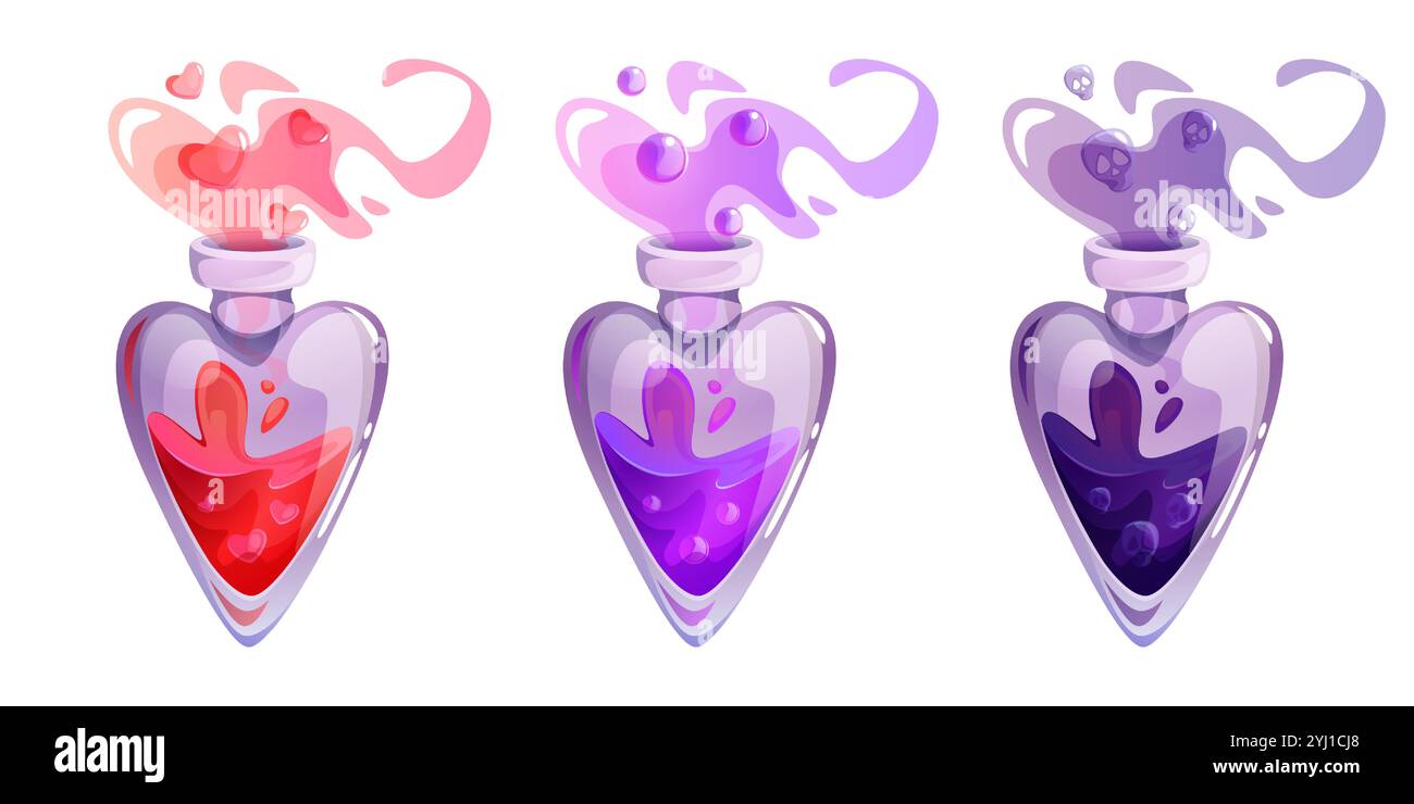 Bottiglie magiche a forma di cuore con pozioni incantate nei colori rosa, viola e viola intenso. Fumi mistici cartoni animati con minuscolo simbolo d'amore galleggiante, bolle rotonde e teschio fuoriescono dalle fiale di vetro. Illustrazione Vettoriale