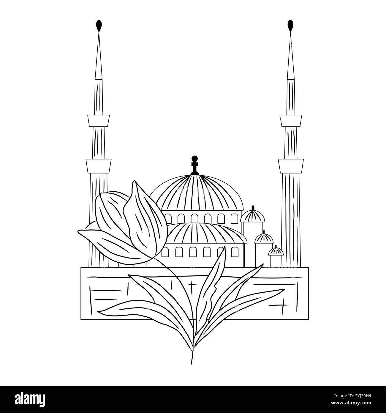 Moschea musulmana con tulipani. Logo turco del festival dei tulipani. Illustrazione Vettoriale