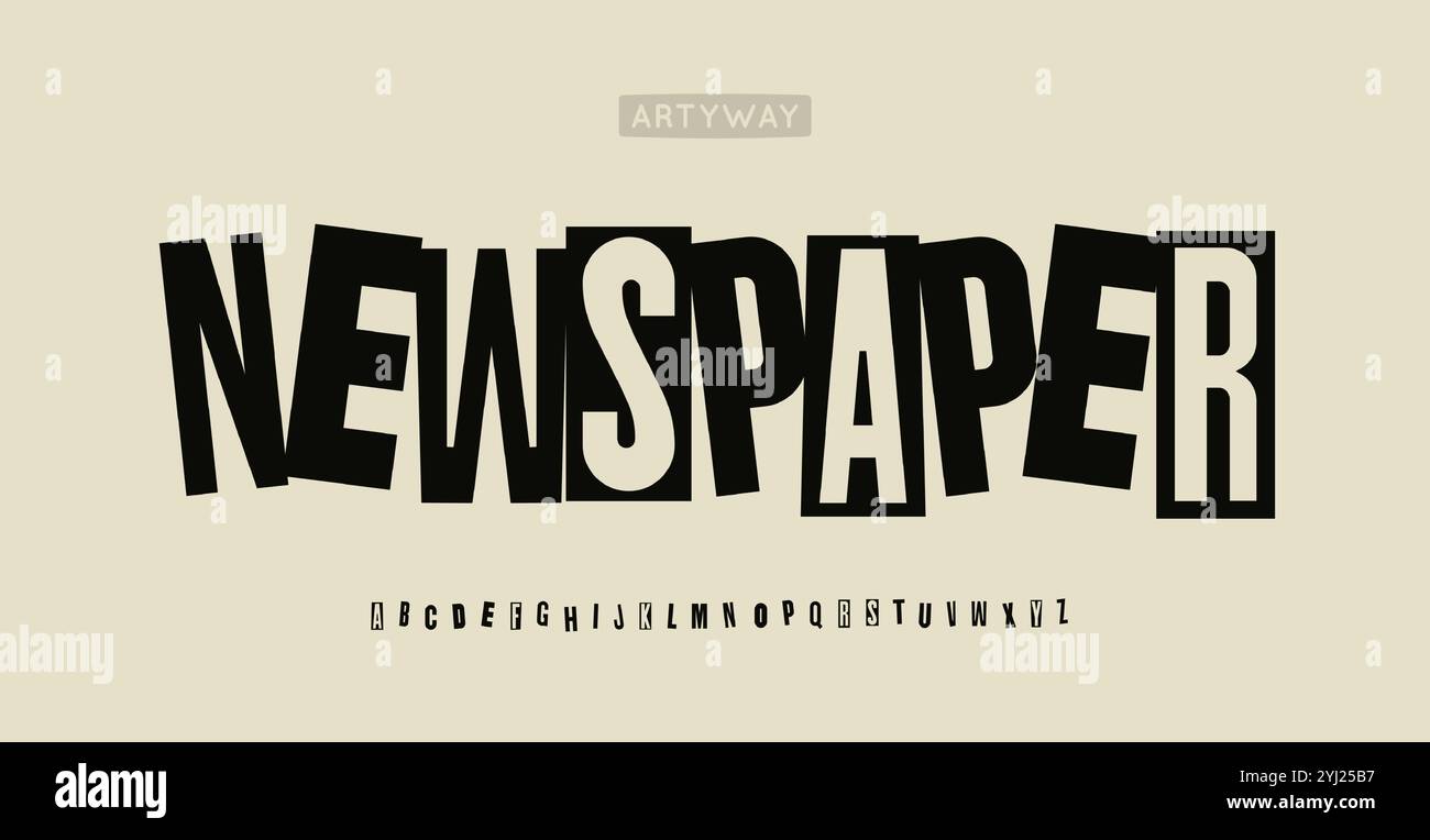 Alfabeto collage di giornali, font ritaglio newsletter per testo autore sconosciuto, riscatto, titolo segreto, logo art dadaism. Blocco creativo Illustrazione Vettoriale