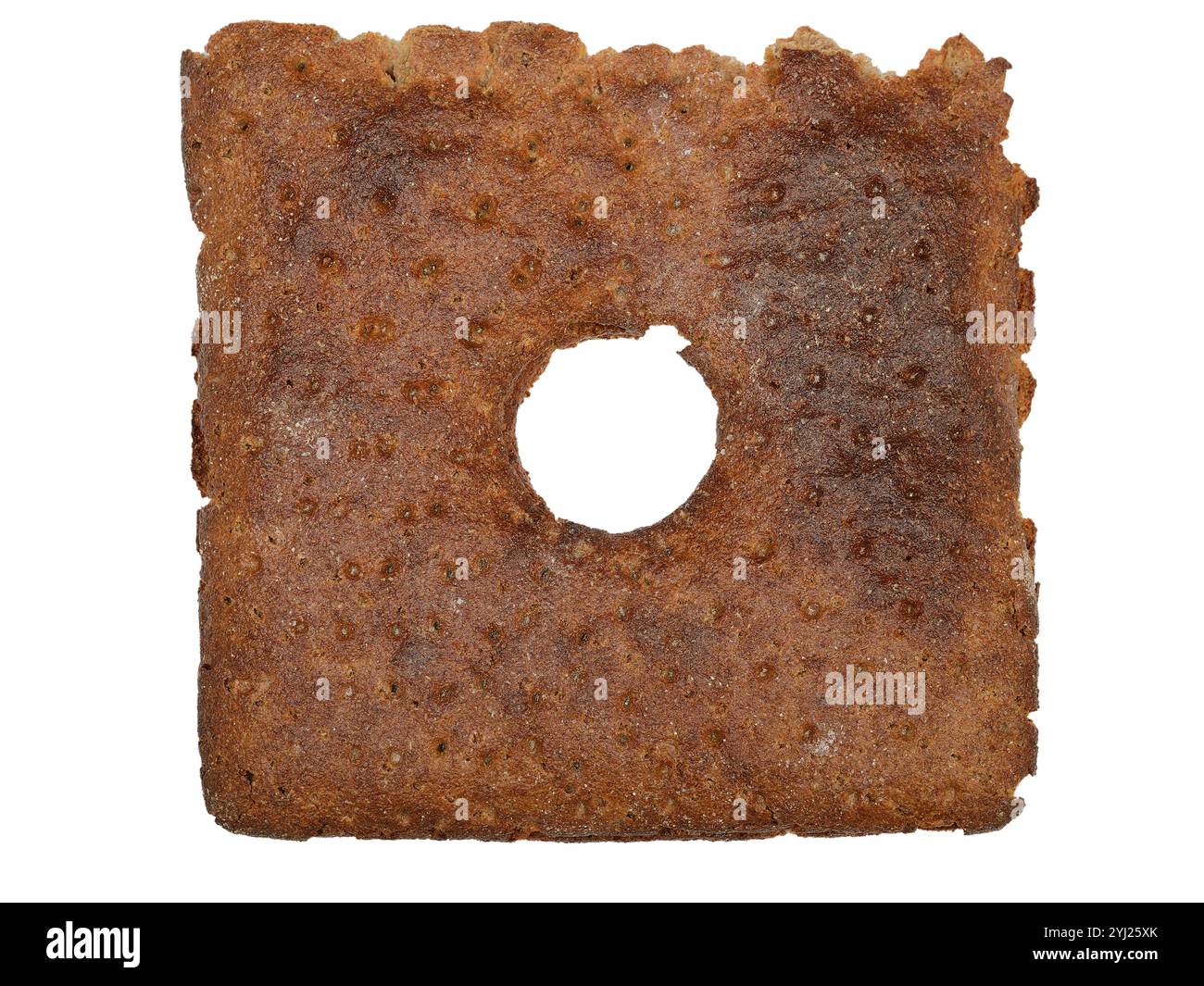 Questa immagine mostra un singolo pezzo di pane di segale finlandese tradizionale, noto come "reikäleipä", caratterizzato dal suo colore marrone scuro, dalla consistenza grossolana e da Foto Stock Questa immagine mostra un singolo pezzo di pane di segale finlandese tradizionale, noto come "reikäleipä", caratterizzato dal suo colore marrone scuro, dalla consistenza grossolana e da Foto Stock