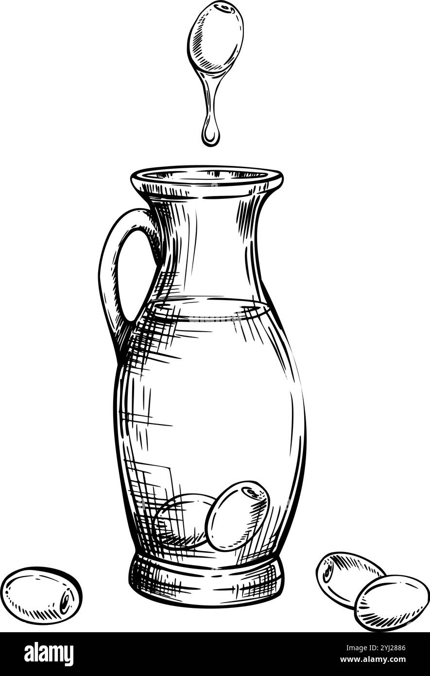 Bottiglia di vetro, caraffa e frutta di frutti di oliva con goccia di olio. Barattolo con salsa alimentare. Schizzo vettoriale in stile line art dipinto da inchiostri neri Illustrazione Vettoriale