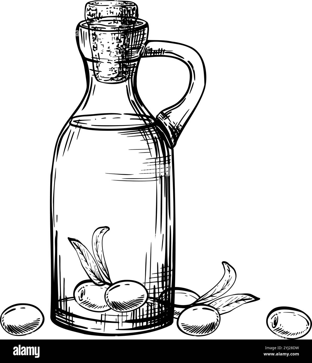 Bottiglia di vetro con olio d'oliva. Caraffa con salsa di cibo grasso e frutti di bosco di olive con foglie. Illustrazione disegnata a mano con linee di inchiostro vettoriali. Cibo Illustrazione Vettoriale