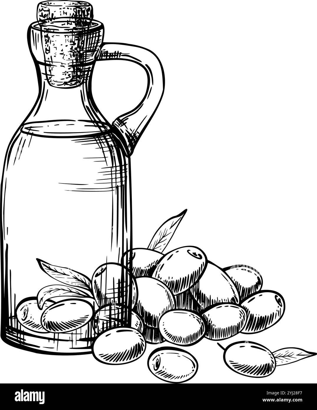 Bottiglia di vetro con olio d'oliva. Illustrazione vettoriale. Caraffa con salsa alimentare e frutti di oliva, foglie. Illustrazione disegnata a mano con linee di inchiostro nere Illustrazione Vettoriale