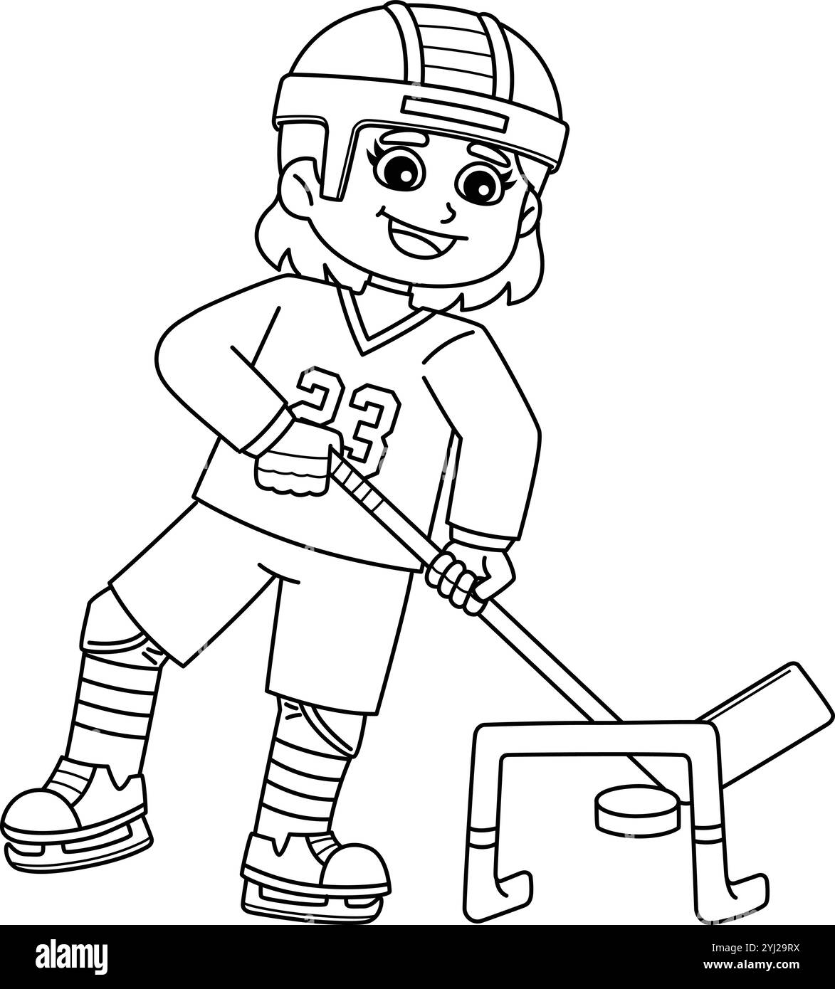 Ice Hockey Girl Player Training Isolated Coloring Illustrazione Vettoriale