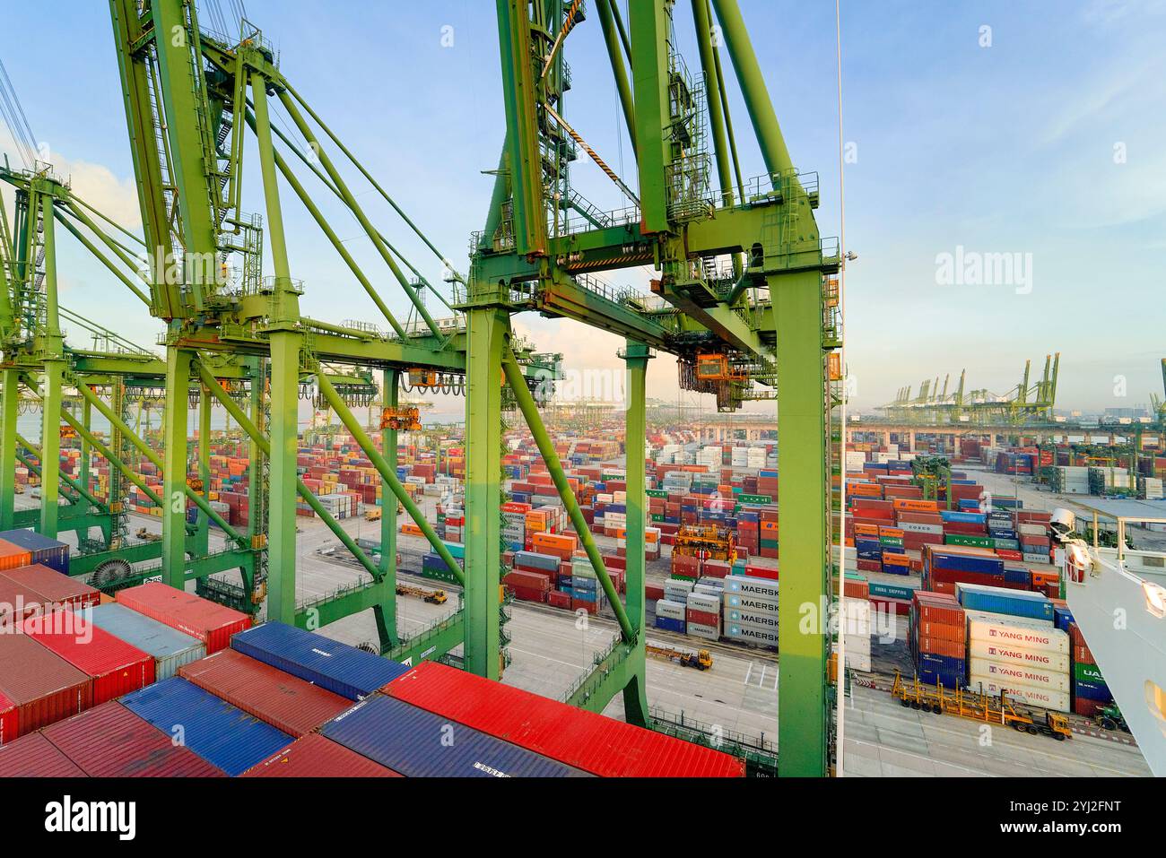 Vista aerea di un vivace porto di container con file di colorati container e grandi gru contro un cielo limpido, Singapore Foto Stock