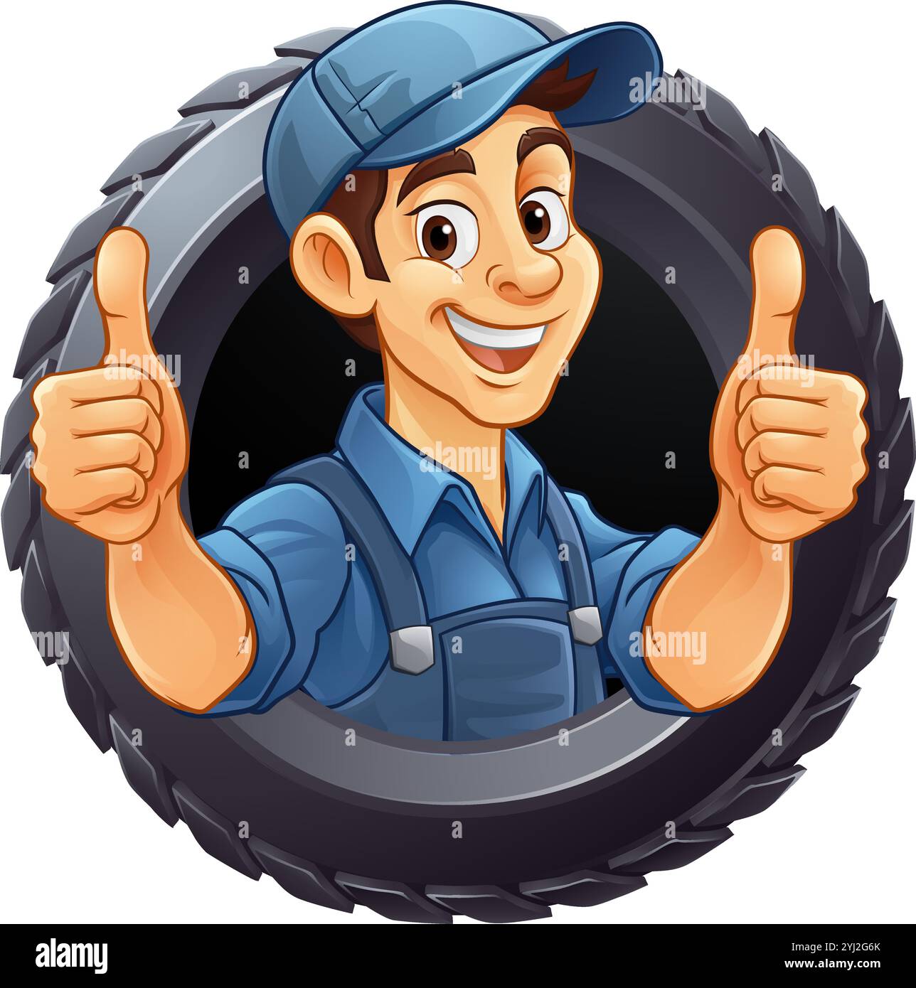 Pneumatico pneumatico meccanico per l'assistenza auto Mascotte Cartoon Man Illustrazione Vettoriale