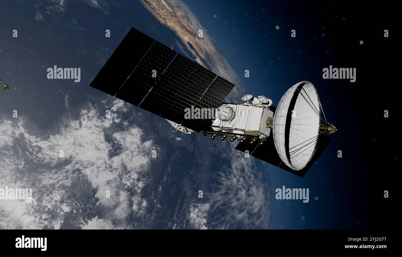 Illustrazione di un satellite in orbita attorno alla Terra con una vista dettagliata dei suoi pannelli solari e della parabola di comunicazione sullo sfondo dello spazio. Foto Stock