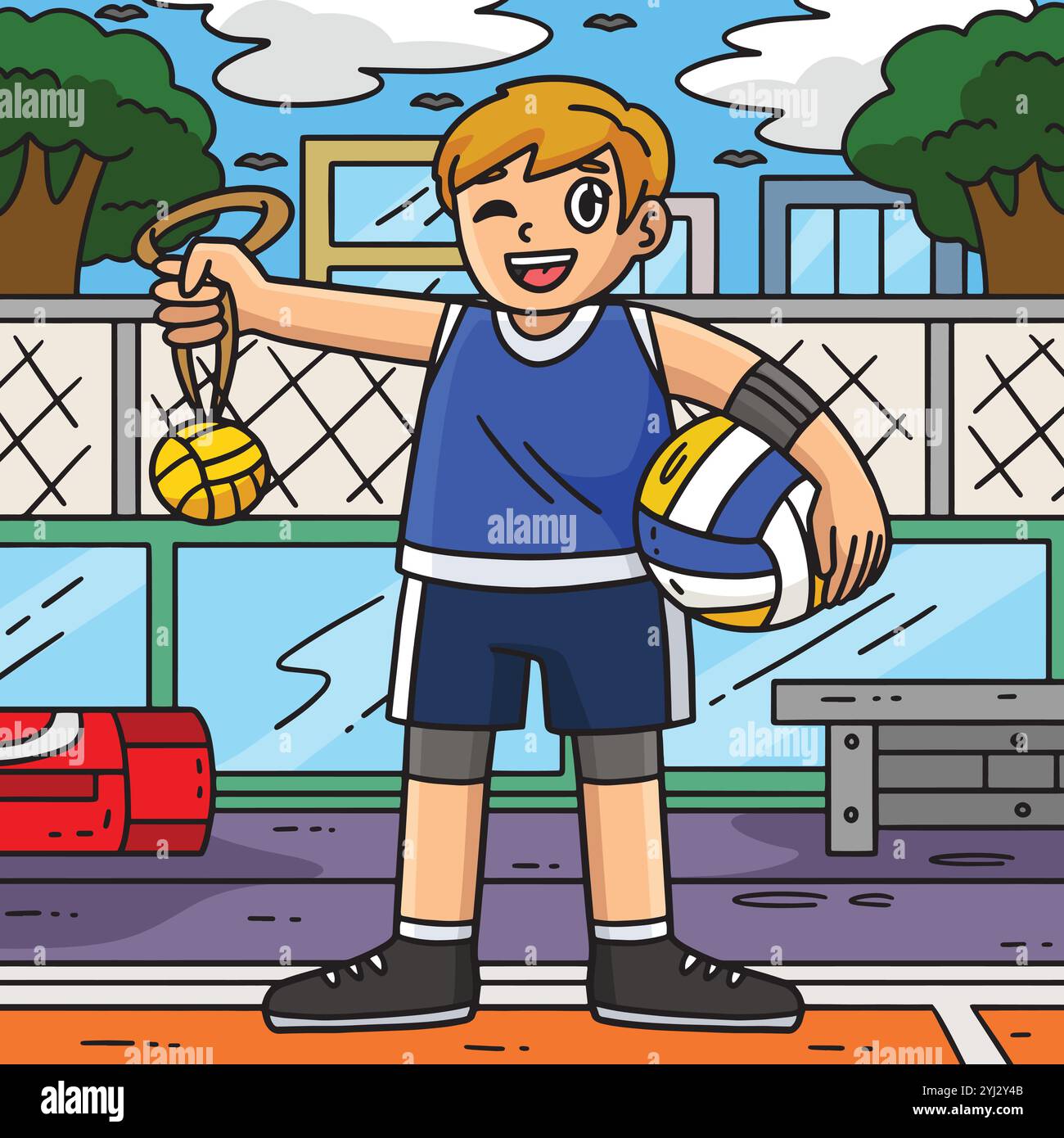 Giocatore di pallavolo con pallone e medaglia colorata Illustrazione Vettoriale