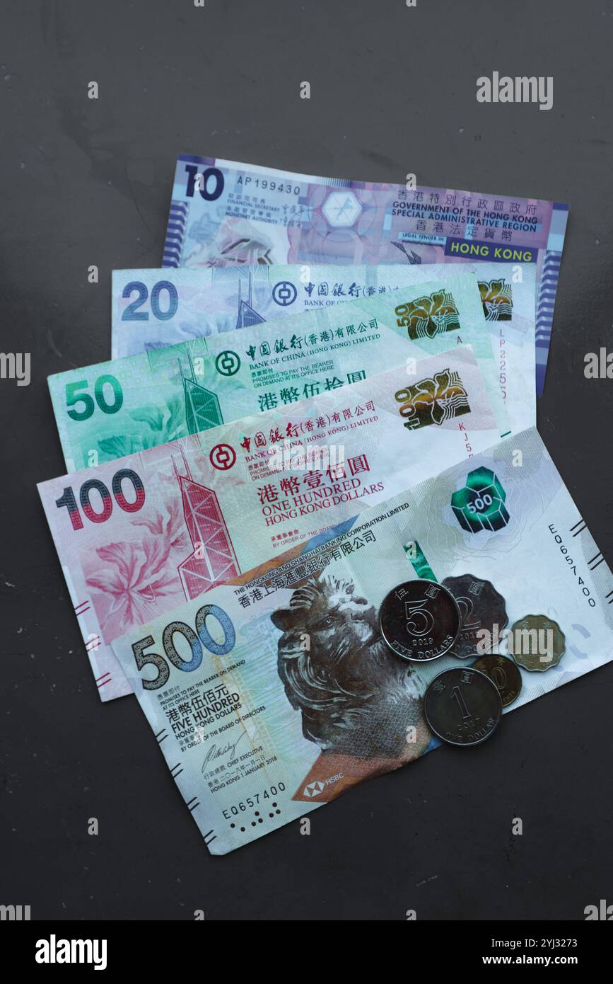 Le banconote e le monete colorate di Hong Kong sono disposte su una superficie piana, mostrando il distintivo design della valuta. Foto Stock