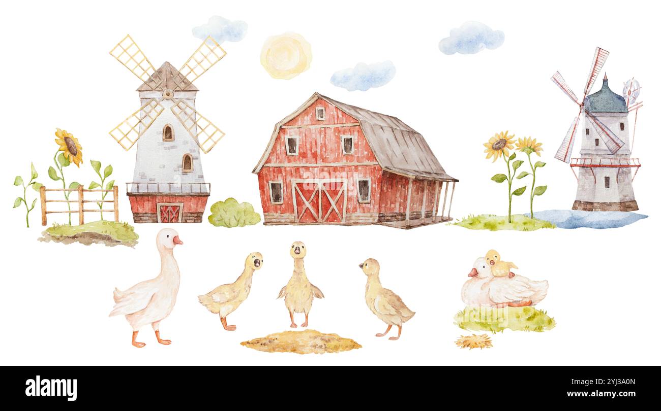 Illustrazioni di Farmyard, oche con Baby Watercolor Clip Art, Agricultural Buildings Clip Art, Red Farm House Illustrations, Farm Watercolor Clip Art, Foto Stock