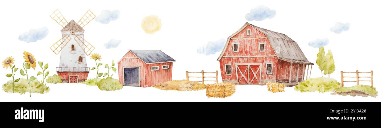Illustrazioni Red Farm House, Clip Art di edifici agricoli, Farm Watercolor Clip Art, Baby Clip Art, Print Quality, Foto Stock