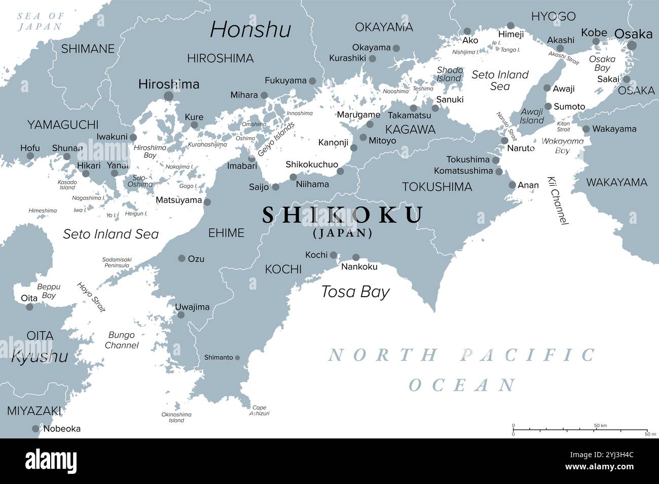 Isola e regione di Shikoku in Giappone con quattro prefetture, mappa politica grigia. E la più piccola delle isole principali del Giappone, a nord-est di Kyushu. Foto Stock