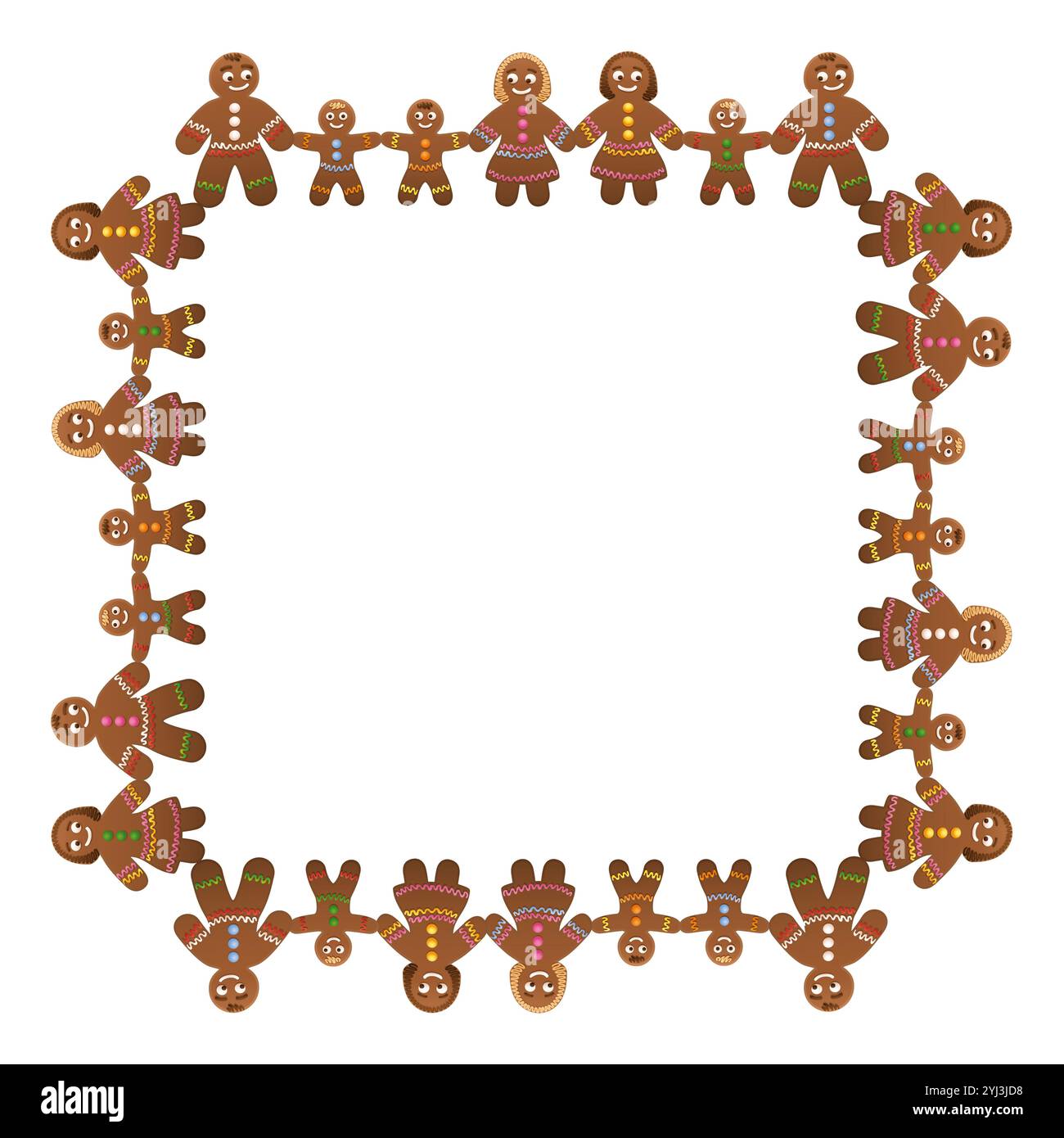 Bordo decorativo a forma quadrata di figure di pan di zenzero che tengono le mani. Cornice di uomini, donne e bambini di pan di zenzero che formano famiglie e gruppi. Foto Stock