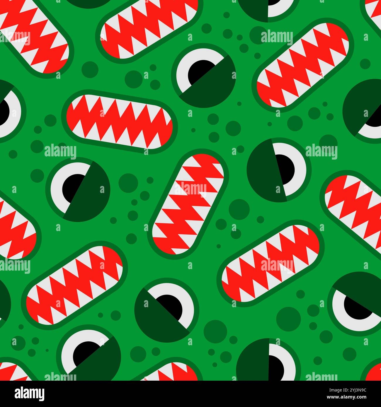 Mostro verde. Mostro occhi e denti ornamento. Sfondo tessuto bambini Illustrazione Vettoriale