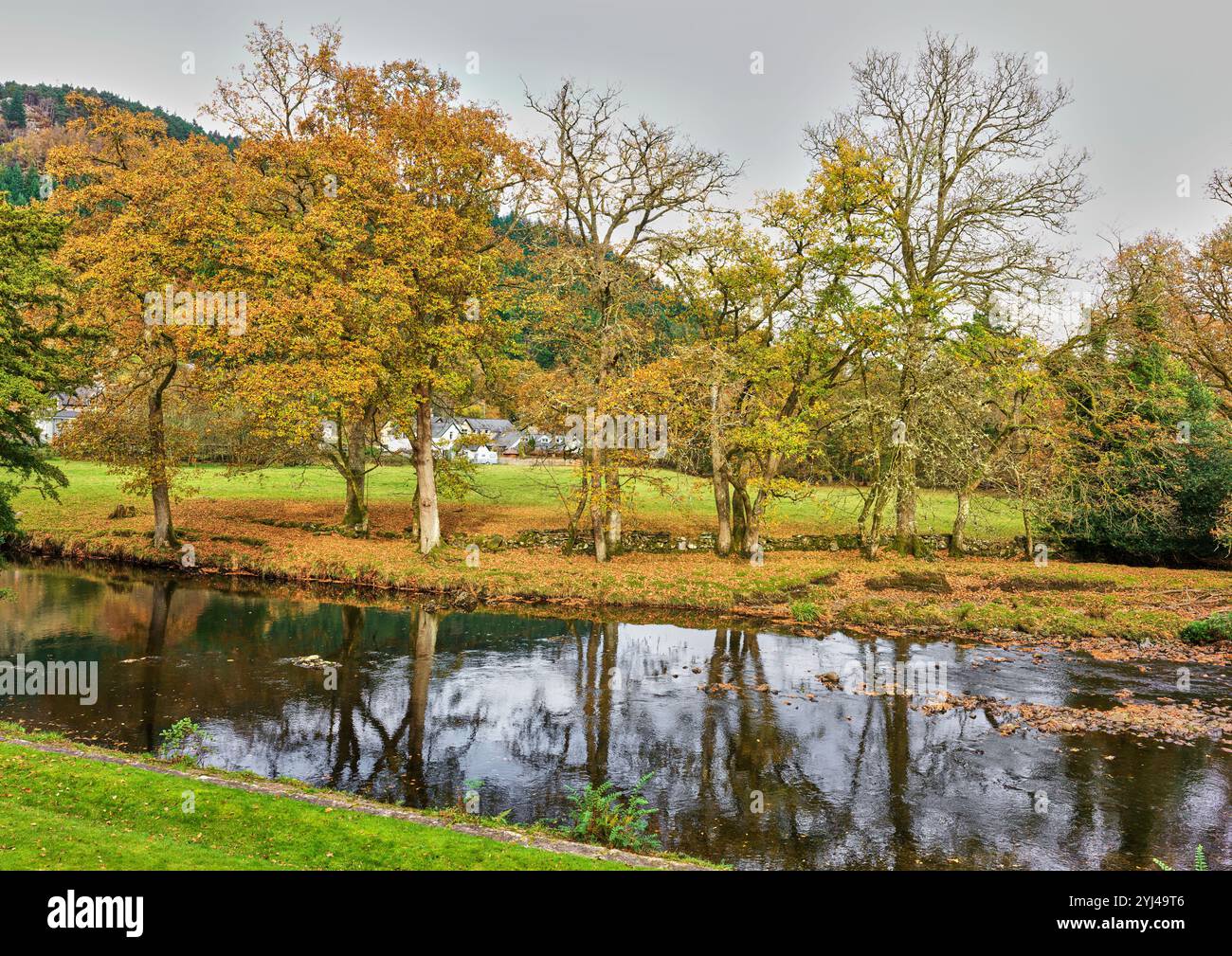 Paesaggio autunnale lungo il fiume Llugwy a Betws-y-Coed (Cappella nel bosco), Snowdonia, Galles. Foto Stock
