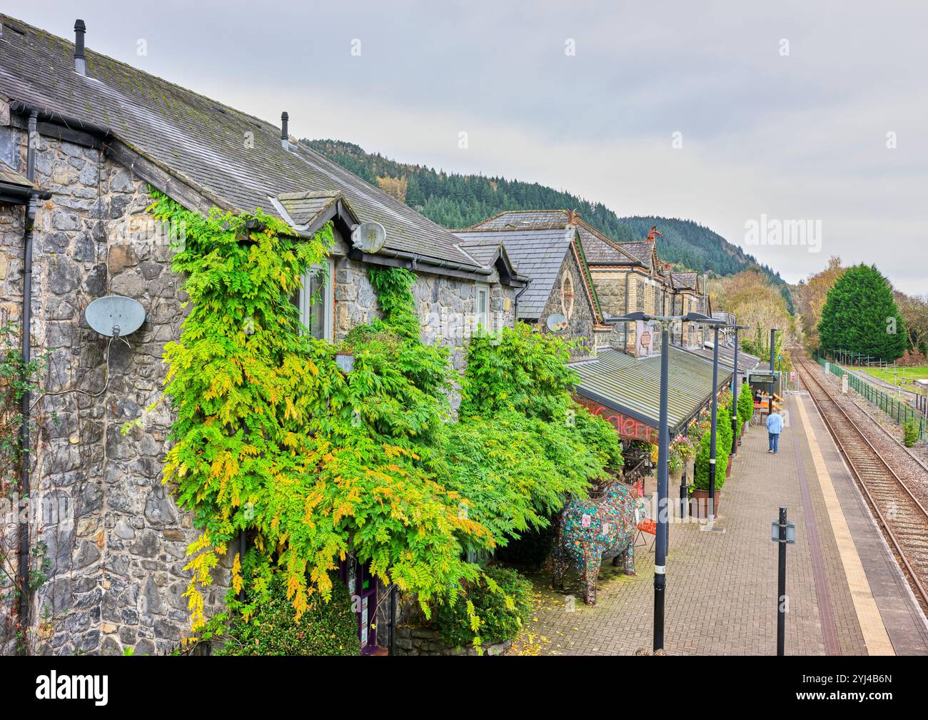 Binario ferroviario presso la stazione ferroviaria di Betws-y-Coed (Chapel in the Wood), Snowdonia, Galles. Foto Stock